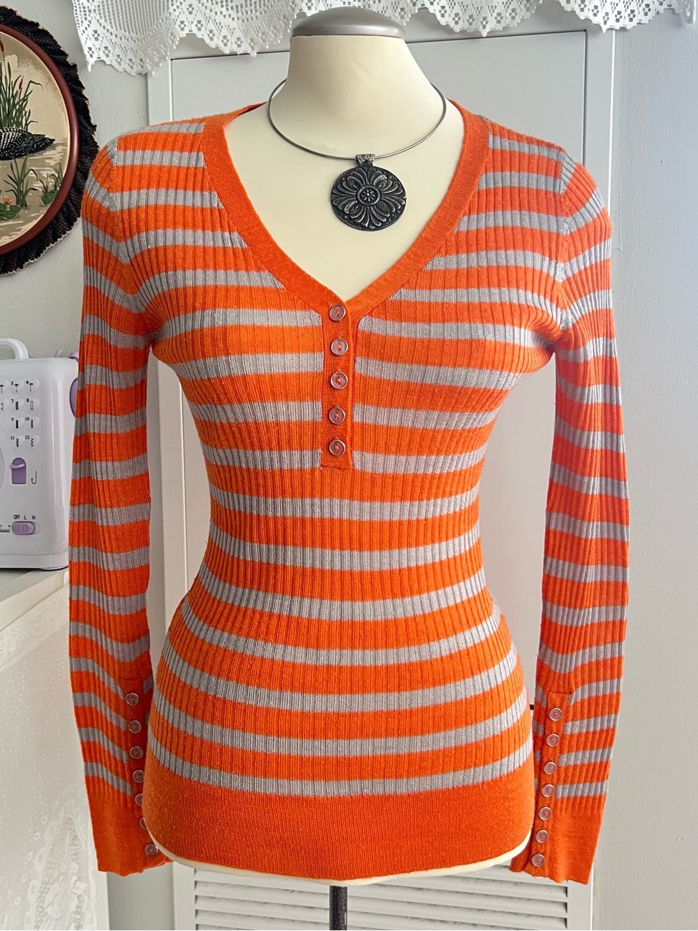 Y2K Orange and gray striped acrylic & wool long sleeve sweater
